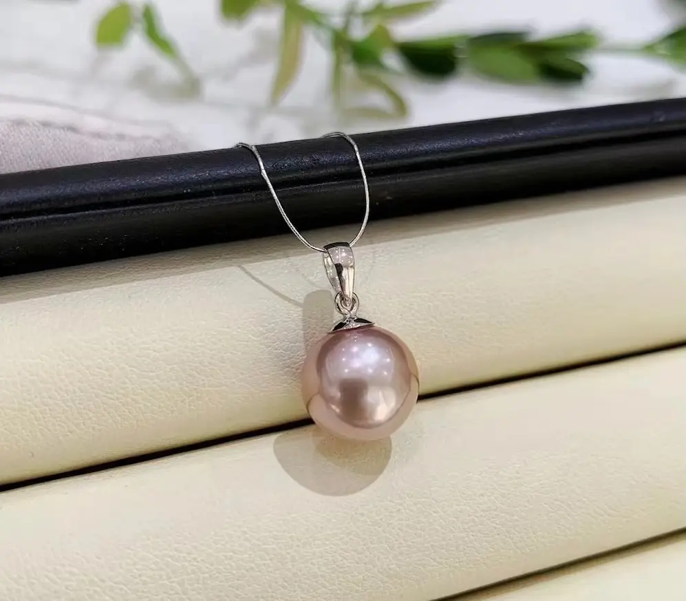11-12mm round purple freshwater pearl pendant, AAAA Grade, 925 Silver