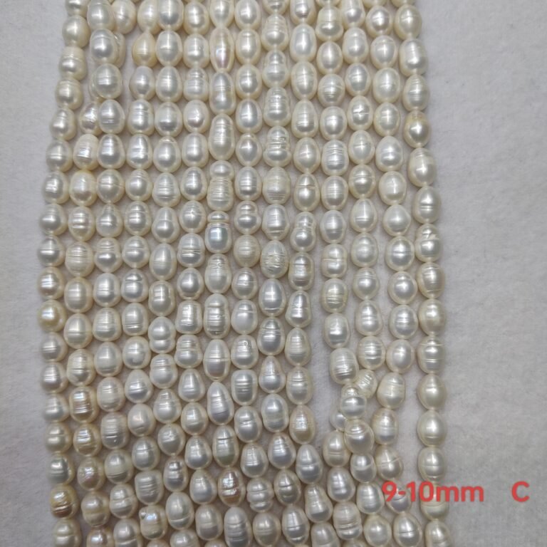 9-10mm white rice-shaped freshwater pearl strand, C Quality, 16 inches